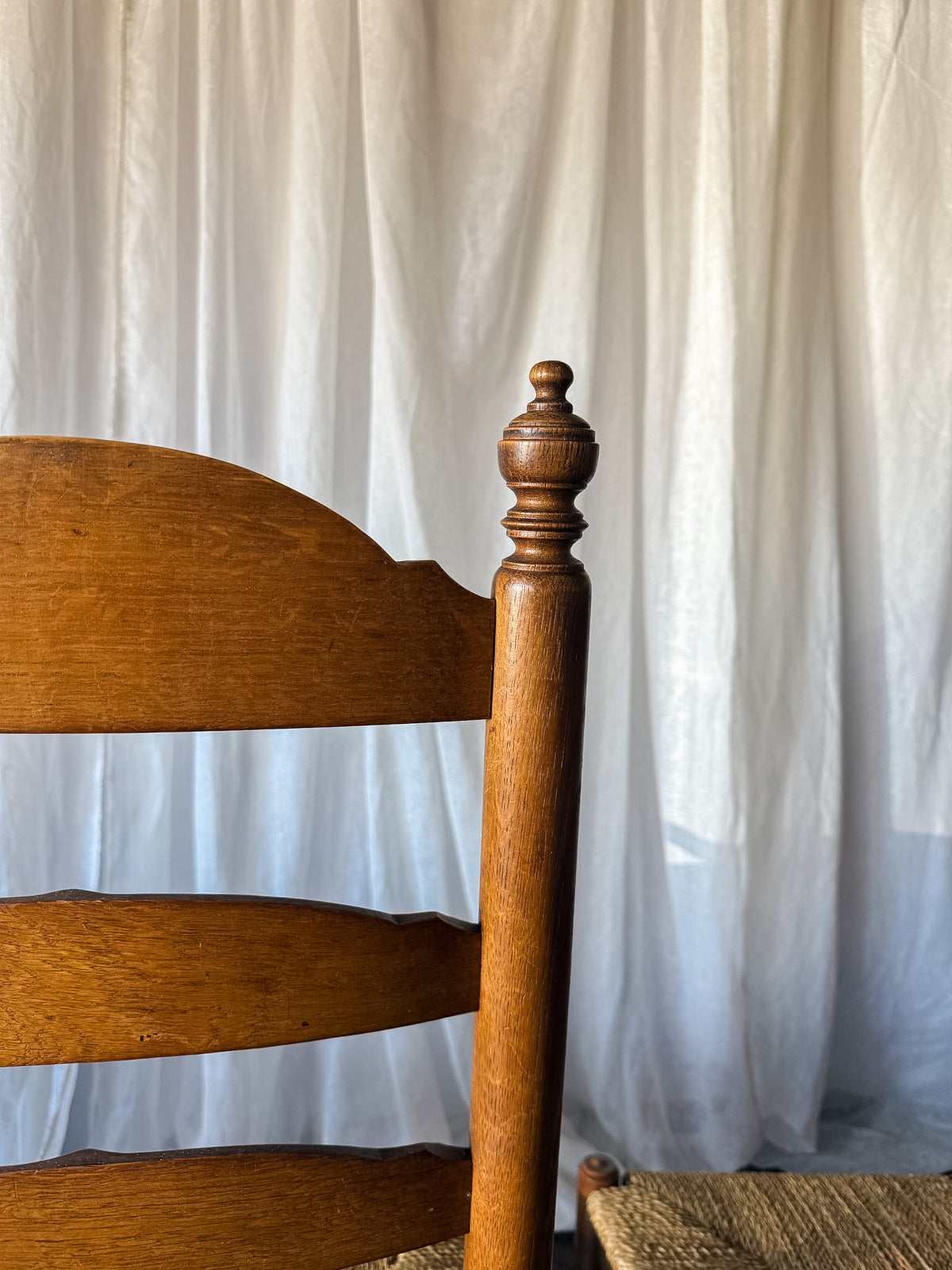 Set of Six French Ladder Back Dining Chairs with Rush Seats and Turned Finials