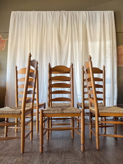 Set of Six French Ladder Back Dining Chairs with Rush Seats and Turned Finials