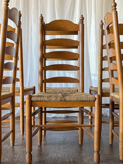 Set of Six French Ladder Back Dining Chairs with Rush Seats and Turned Finials