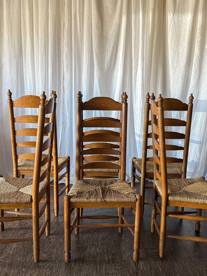Set of Six French Ladder Back Dining Chairs with Rush Seats and Turned Finials