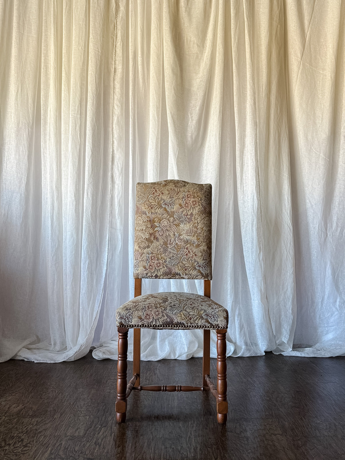 Set of Six Floral Tapestry Dining Chairs with Turned Legs