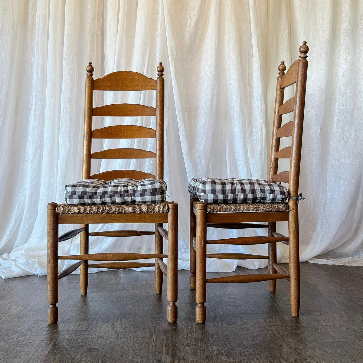 Set of Six French Ladder Back Dining Chairs with Rush Seats and Turned Finials