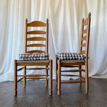 Set of Six French Ladder Back Dining Chairs with Rush Seats and Turned Finials