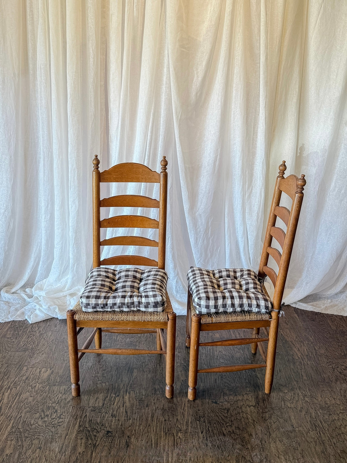Set of Six French Ladder Back Dining Chairs with Rush Seats and Turned Finials