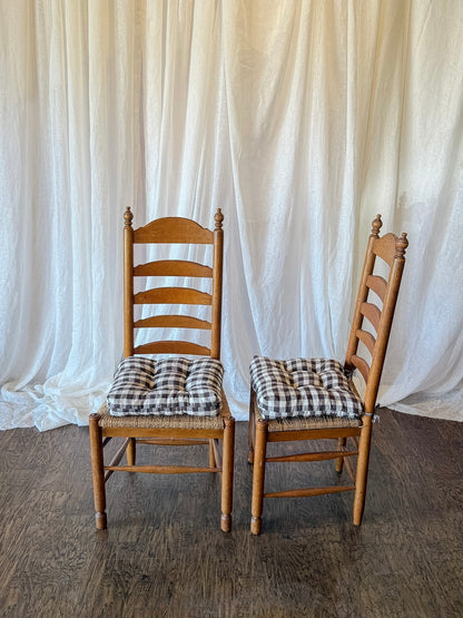Set of Six French Ladder Back Dining Chairs with Rush Seats and Turned Finials