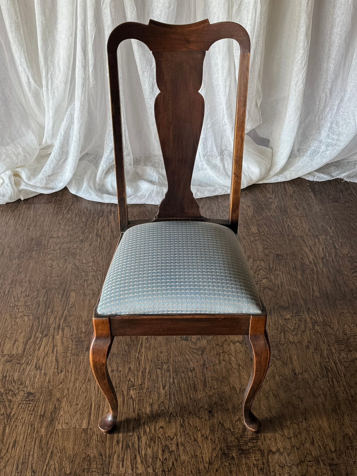 Four Chairs with Blue Geometric Upholstered Seats