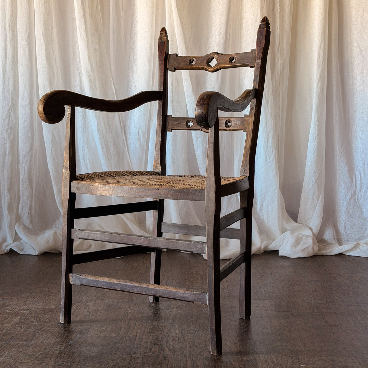 Set of Four Wood Armchairs with Woven Rush Seats and Sculptural Arms