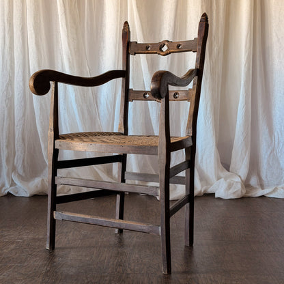 Set of Four Wood Armchairs with Woven Rush Seats and Sculptural Arms