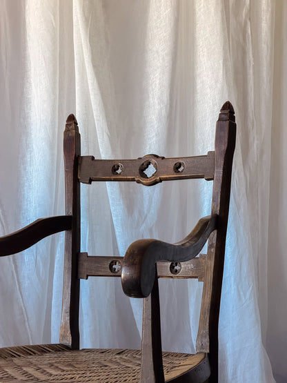 Set of Four Wood Armchairs with Woven Rush Seats and Sculptural Arms