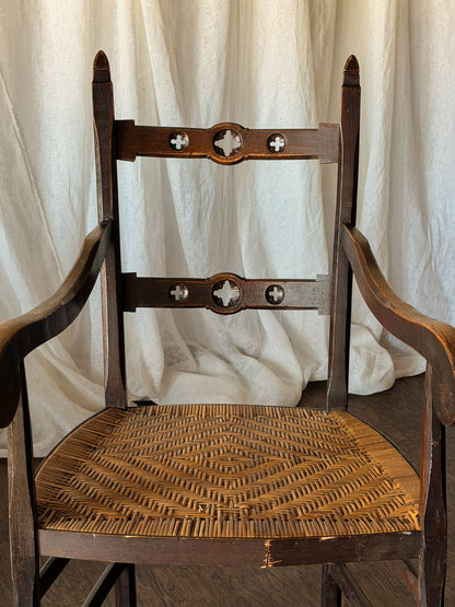 Set of Four Wood Armchairs with Woven Rush Seats and Sculptural Arms
