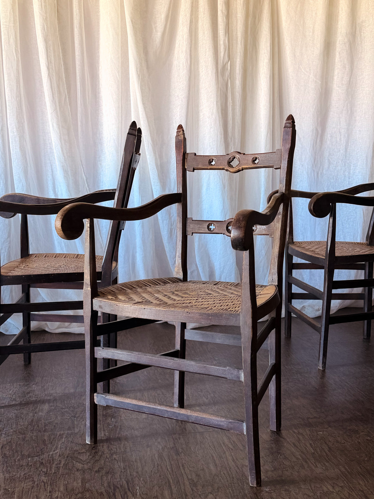 Set of Four Wood Armchairs with Woven Rush Seats and Sculptural Arms