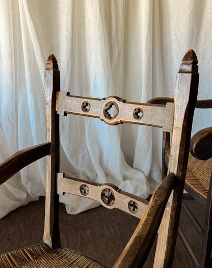 Set of Four Wood Armchairs with Woven Rush Seats and Sculptural Arms