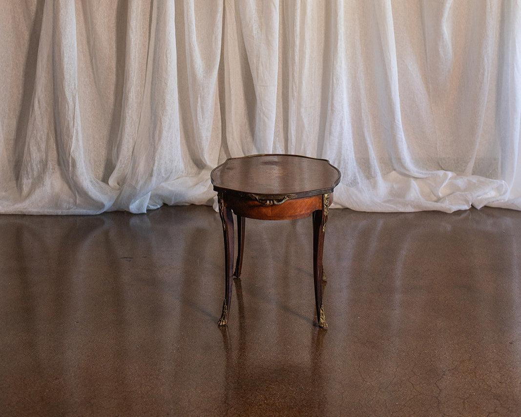 French Mahogany Serving Tray Table with Floral Inlay and Brass Edge Detail