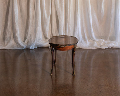 French Mahogany Serving Tray Table with Floral Inlay and Brass Edge Detail