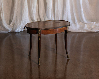 French Mahogany Serving Tray Table with Floral Inlay and Brass Edge Detail