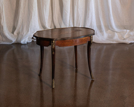 French Mahogany Serving Tray Table with Floral Inlay and Brass Edge Detail