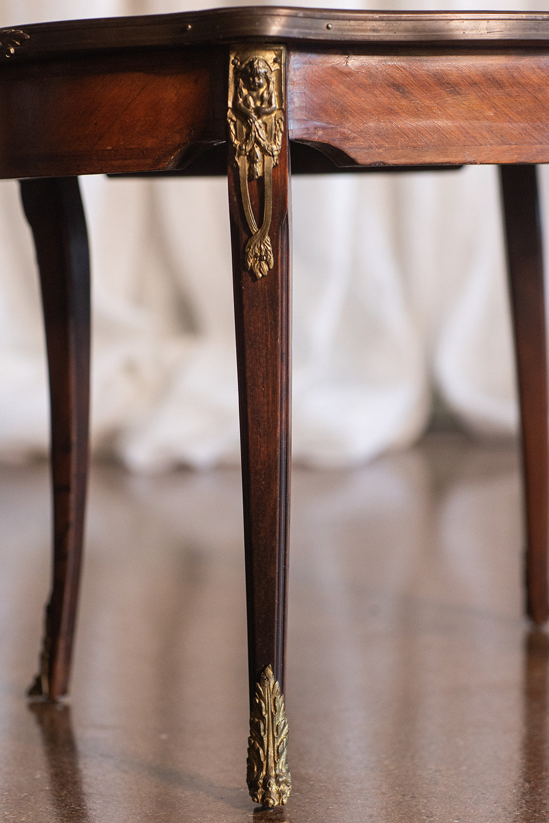 French Mahogany Serving Tray Table with Floral Inlay and Brass Edge Detail