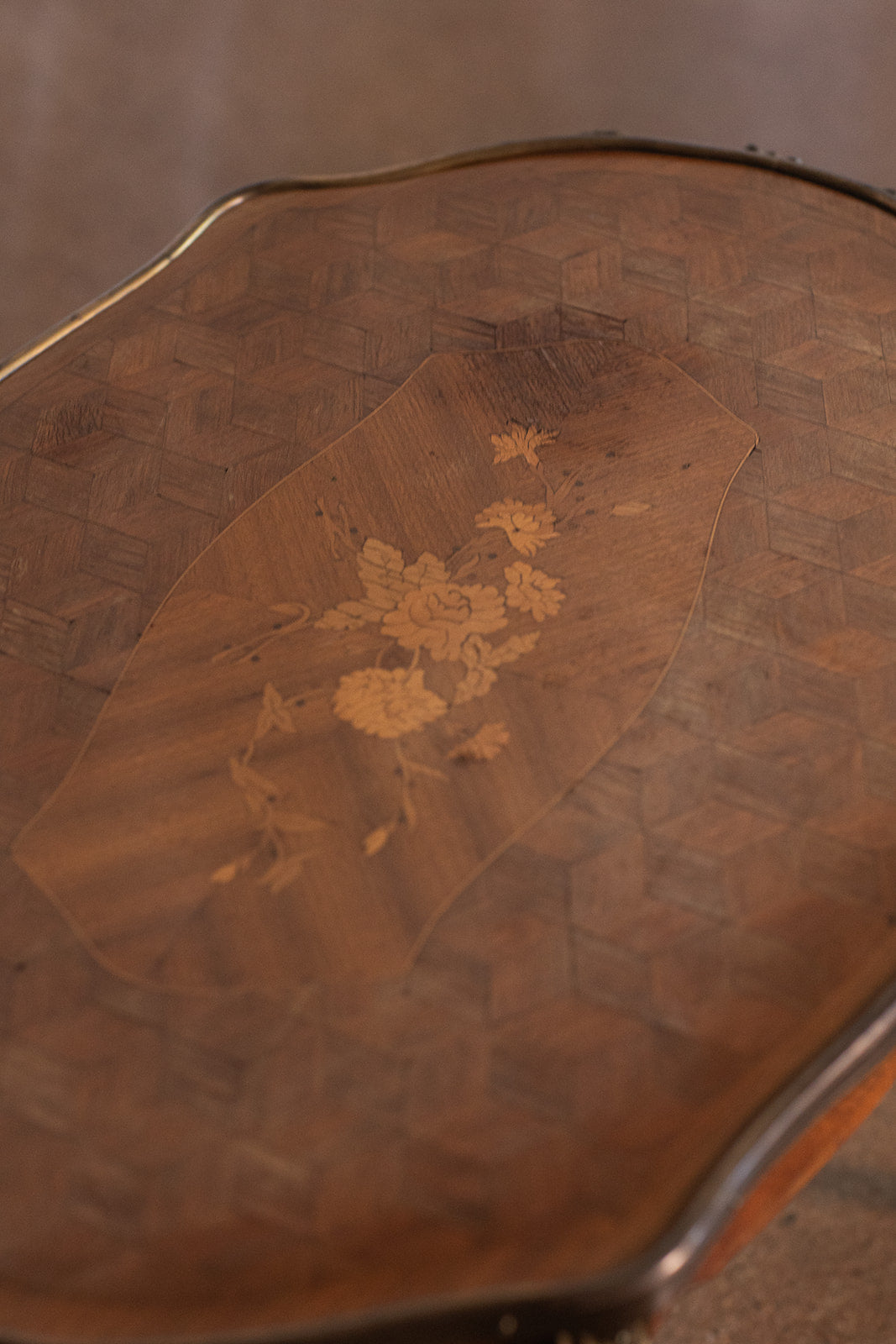 French Mahogany Serving Tray Table with Floral Inlay and Brass Edge Detail