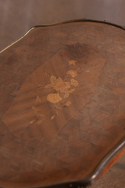 French Mahogany Serving Tray Table with Floral Inlay and Brass Edge Detail