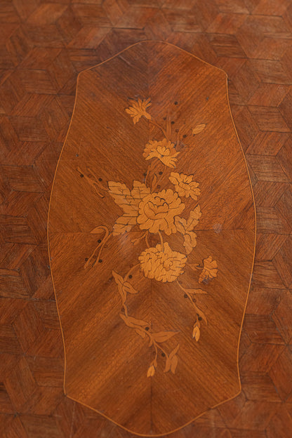 French Mahogany Serving Tray Table with Floral Inlay and Brass Edge Detail