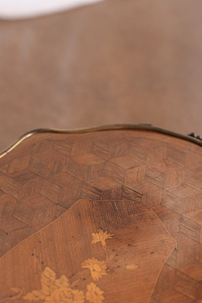 French Mahogany Serving Tray Table with Floral Inlay and Brass Edge Detail