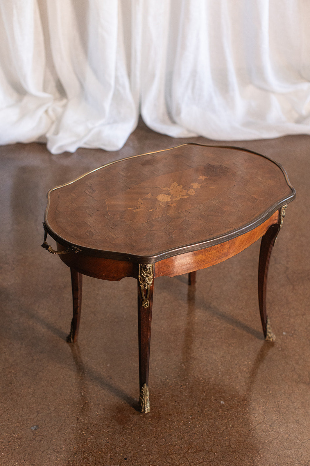 French Mahogany Serving Tray Table with Floral Inlay and Brass Edge Detail