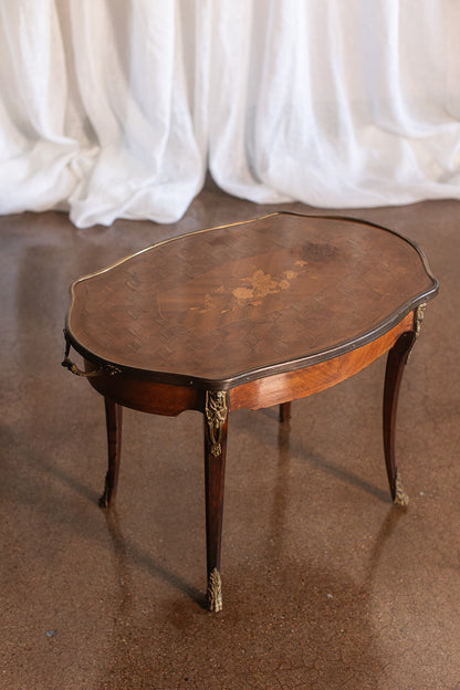 French Mahogany Serving Tray Table with Floral Inlay and Brass Edge Detail