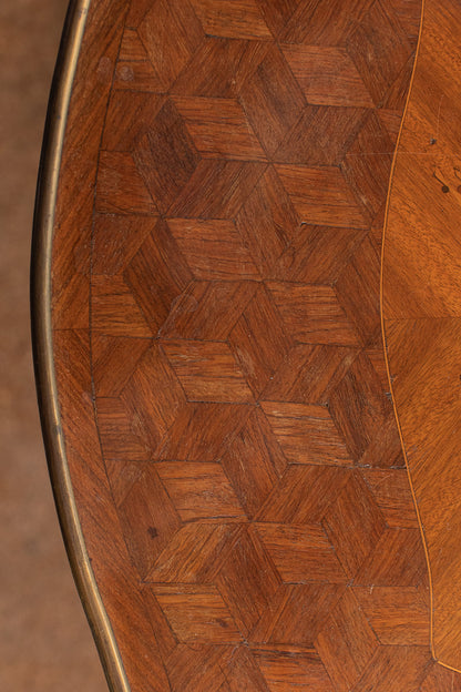 French Mahogany Serving Tray Table with Floral Inlay and Brass Edge Detail