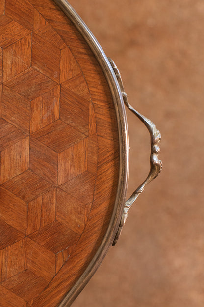 French Mahogany Serving Tray Table with Floral Inlay and Brass Edge Detail