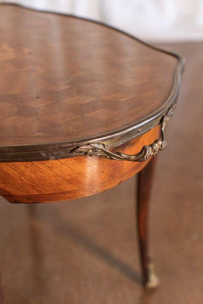 French Mahogany Serving Tray Table with Floral Inlay and Brass Edge Detail