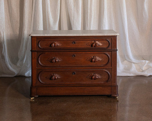 Three Drawer Walnut Chest with Carved Fruit Pulls and Marble Top on Casters - Mid to late 19th Century