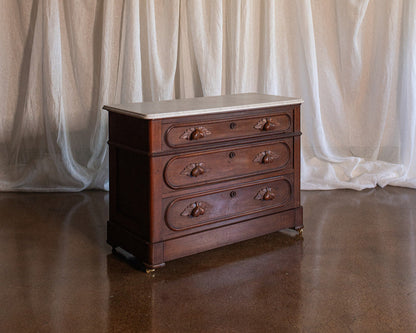 Three Drawer Walnut Chest with Carved Fruit Pulls and Marble Top on Casters - Mid to late 19th Century