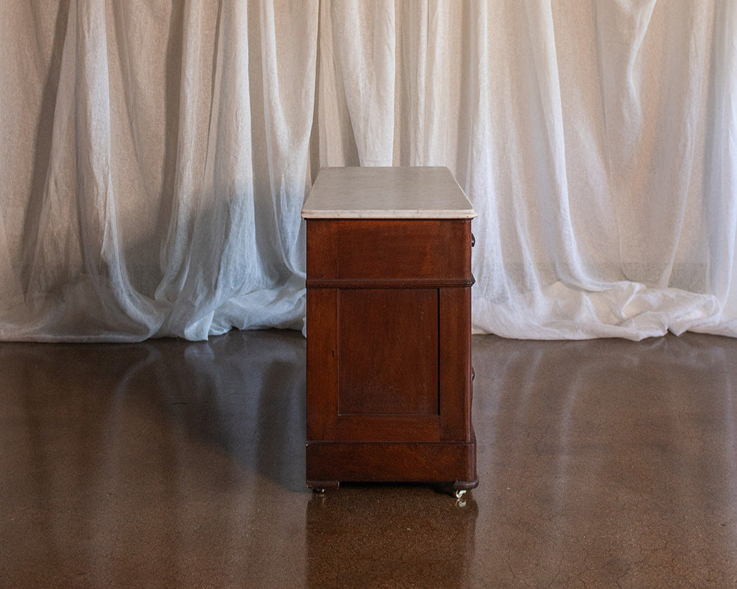 Three Drawer Walnut Chest with Carved Fruit Pulls and Marble Top on Casters - Mid to late 19th Century