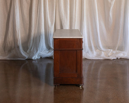 Three Drawer Walnut Chest with Carved Fruit Pulls and Marble Top on Casters - Mid to late 19th Century