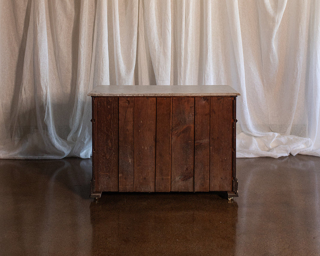 Three Drawer Walnut Chest with Carved Fruit Pulls and Marble Top on Casters - Mid to late 19th Century