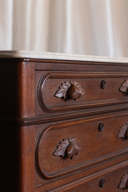 Three Drawer Walnut Chest with Carved Fruit Pulls and Marble Top on Casters - Mid to late 19th Century