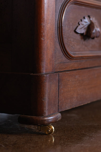 Three Drawer Walnut Chest with Carved Fruit Pulls and Marble Top on Casters - Mid to late 19th Century
