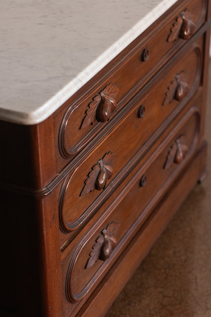 Three Drawer Walnut Chest with Carved Fruit Pulls and Marble Top on Casters - Mid to late 19th Century