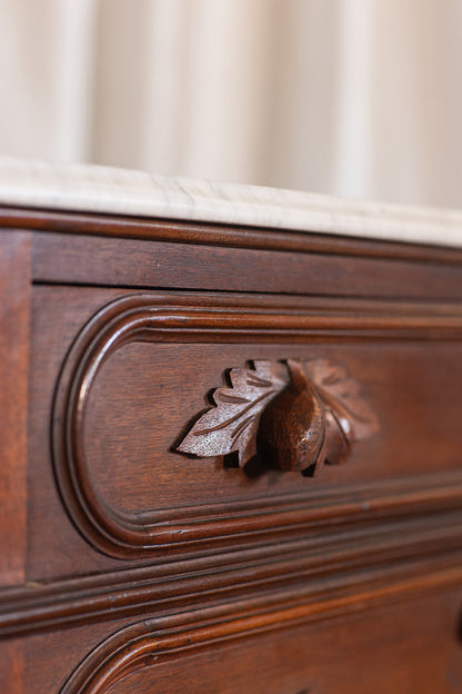 Three Drawer Walnut Chest with Carved Fruit Pulls and Marble Top on Casters - Mid to late 19th Century