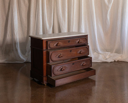Three Drawer Walnut Chest with Carved Fruit Pulls and Marble Top on Casters - Mid to late 19th Century