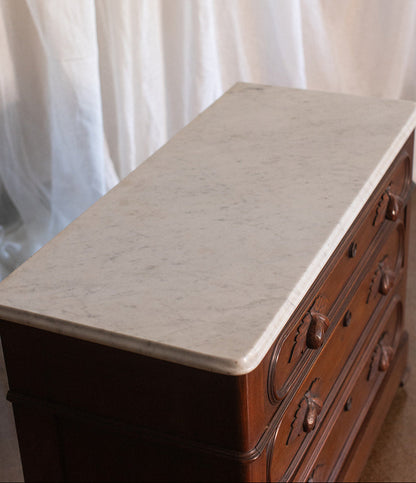 Three Drawer Walnut Chest with Carved Fruit Pulls and Marble Top on Casters - Mid to late 19th Century