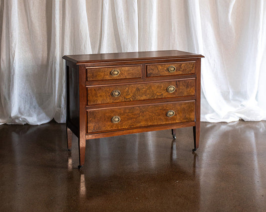 19th Century Four Drawer Burl Wood Chest on Casters