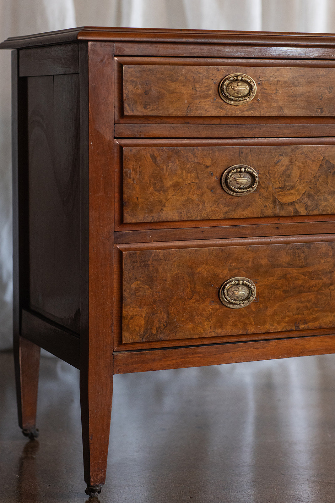 19th Century Four Drawer Burl Wood Chest on Casters