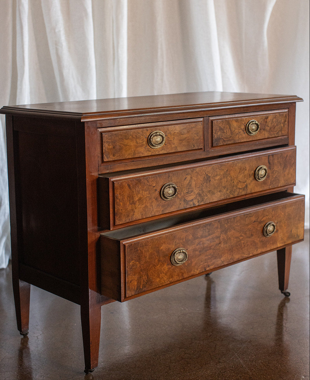 19th Century Four Drawer Burl Wood Chest on Casters