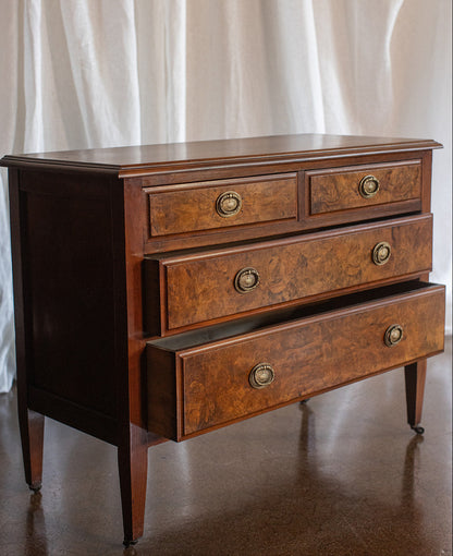 19th Century Four Drawer Burl Wood Chest on Casters