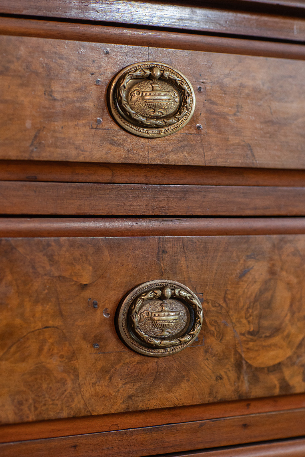 19th Century Four Drawer Burl Wood Chest on Casters