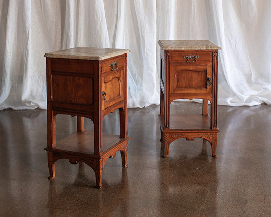 Pair of Art Nouveau Nightstands with Beveled Edge Onyx Tops