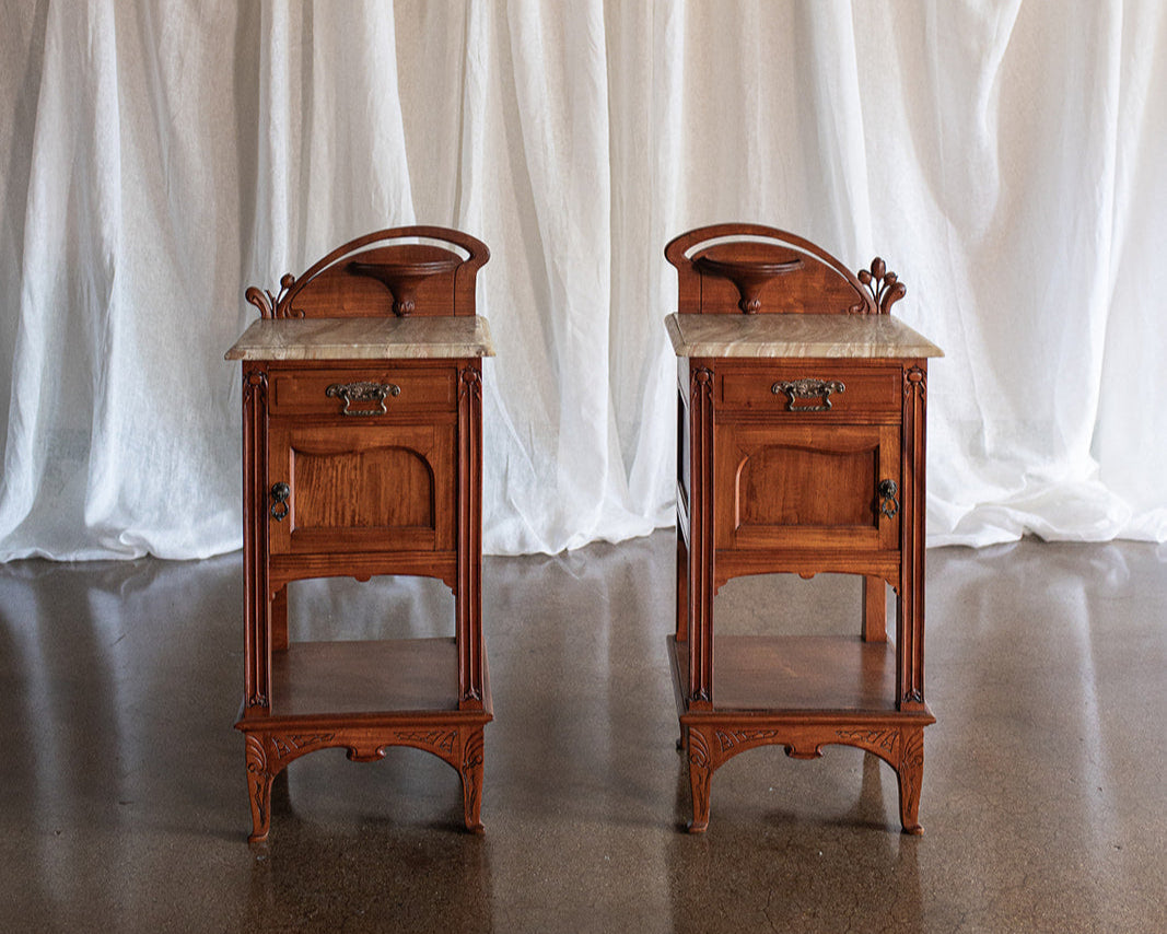 Pair of Art Nouveau Nightstands with Beveled Edge Onyx Tops