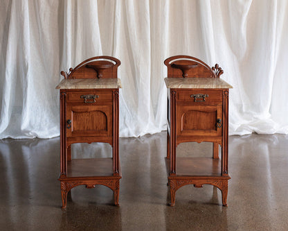 Pair of Art Nouveau Nightstands with Beveled Edge Onyx Tops