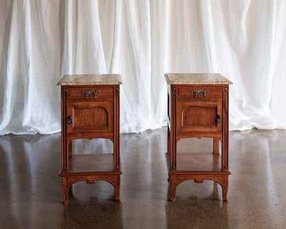 Pair of Art Nouveau Nightstands with Beveled Edge Onyx Tops